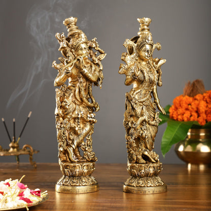 Brass Superfine Radha Krishna Statues - Finely Carved with Sharp Features 14 inch - Budhshiv.com
