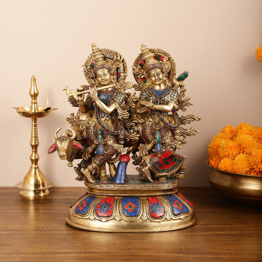 Brass Superfine Radha Krishna with Cow Idol - 16 Inch - Budhshiv.com