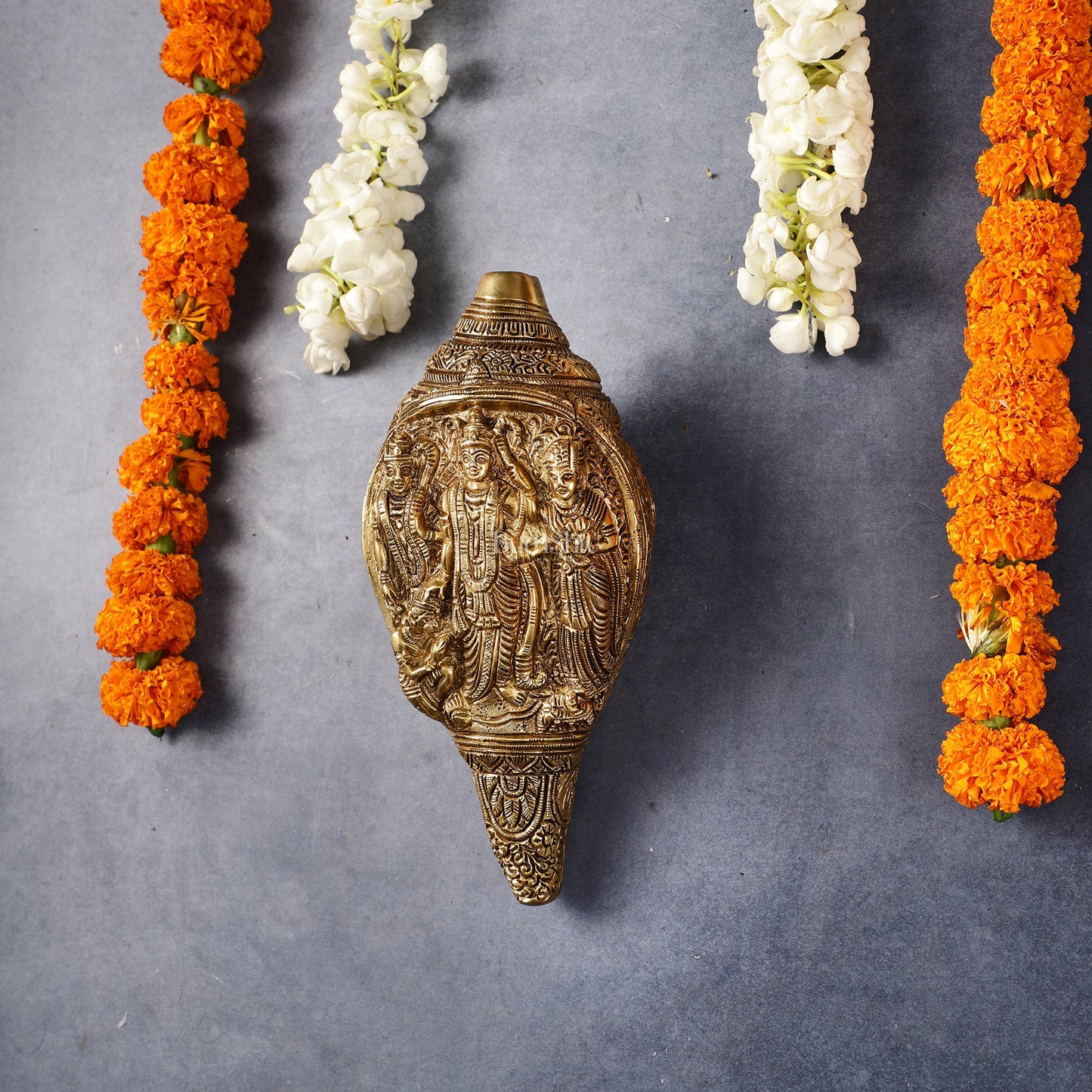 Brass Superfine Ramdarbar Carved Shankh Conch 9 inch antique - Budhshiv.com