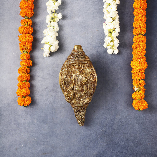 Brass Superfine Ramdarbar Carved Shankh Conch 9 inch antique - Budhshiv.com
