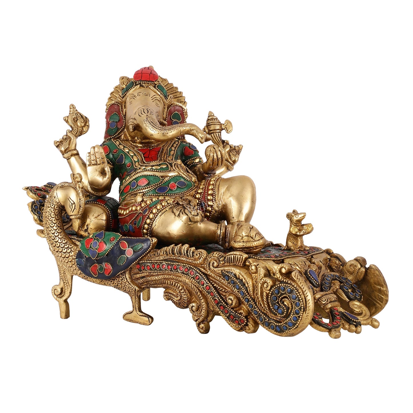 Brass Superfine Resting Large Ganesha Idol with Stonework 16 inch wide - Budhshiv.com