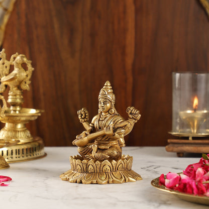 Brass Superfine Saraswati on Lotus Idol | 5.5" Height - Budhshiv.com