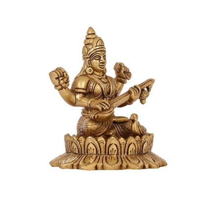 Brass Superfine Saraswati on Lotus Idol | 5.5" Height - Budhshiv.com