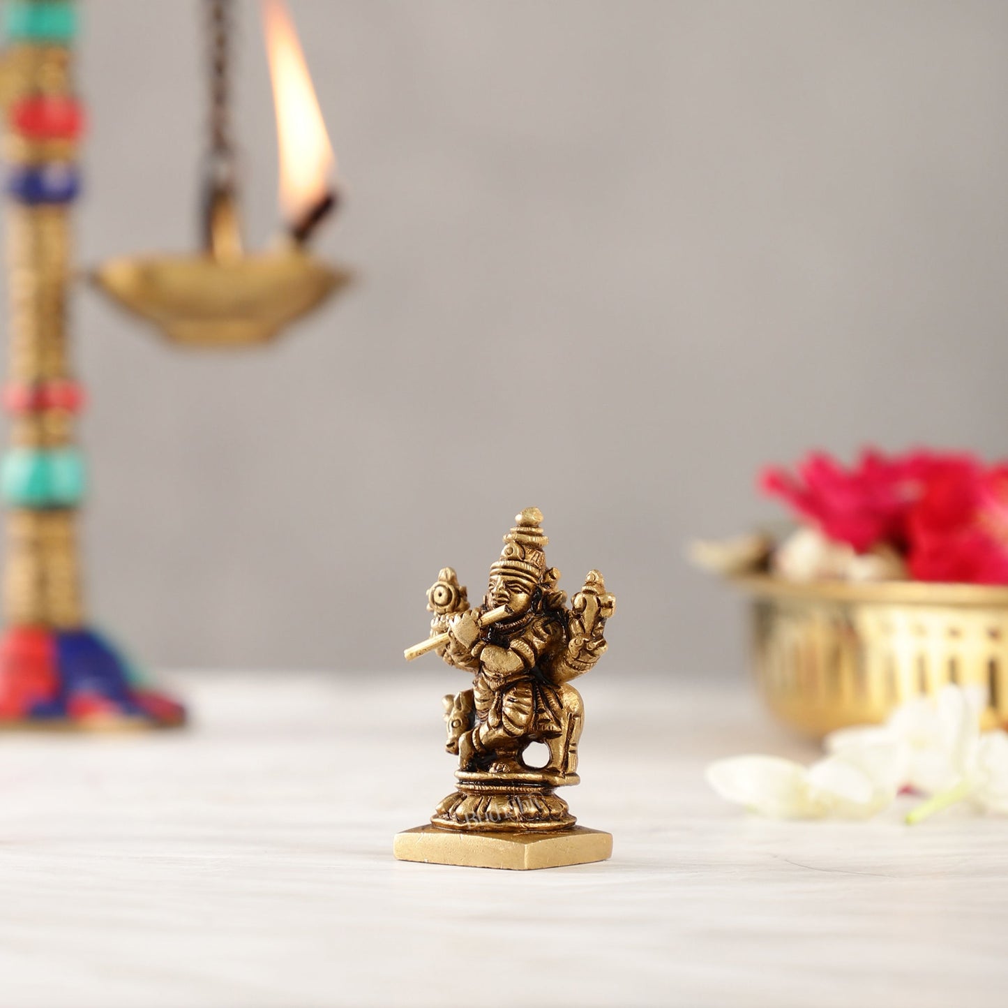 Brass Superfine Small Krishna with Cow Idol | Height 2 inch - Budhshiv.com
