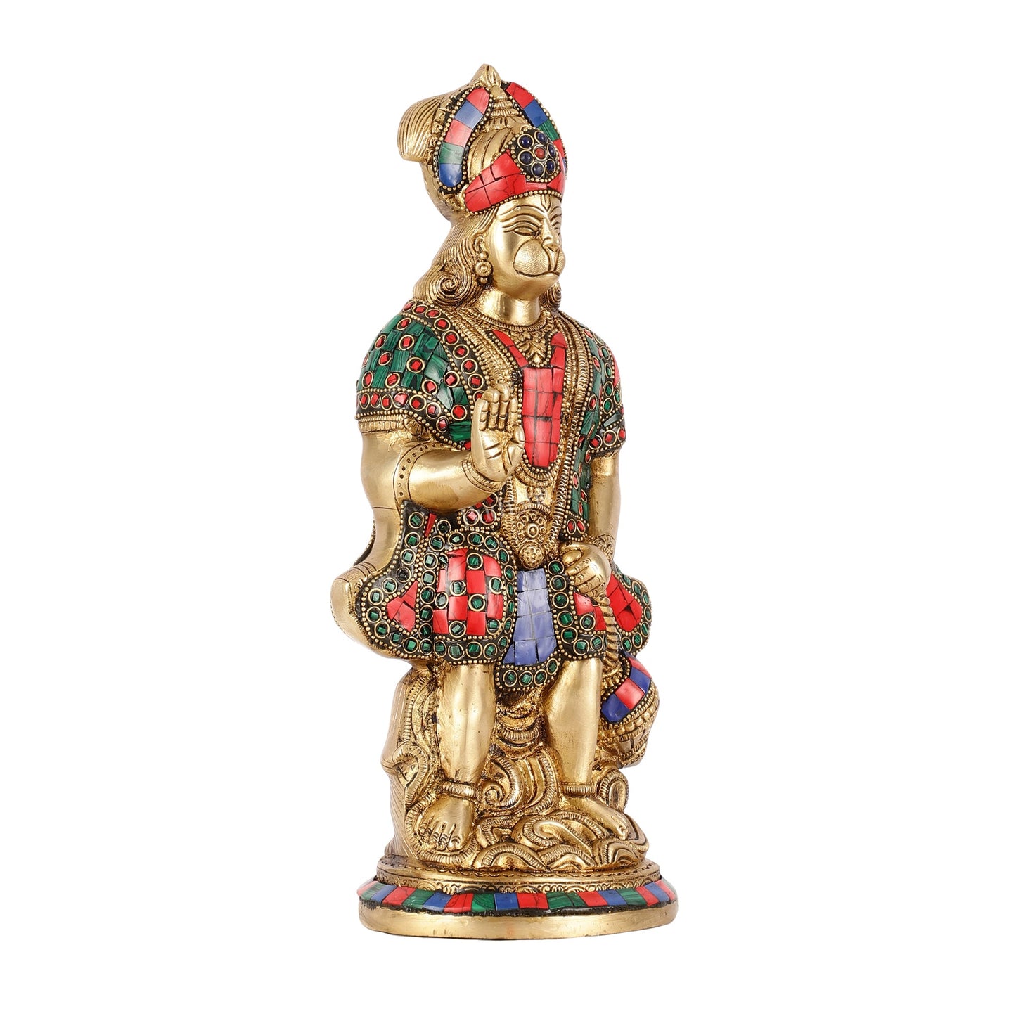 Brass Superfine Standing Hanuman Idol with Stonework - 13" - Budhshiv.com