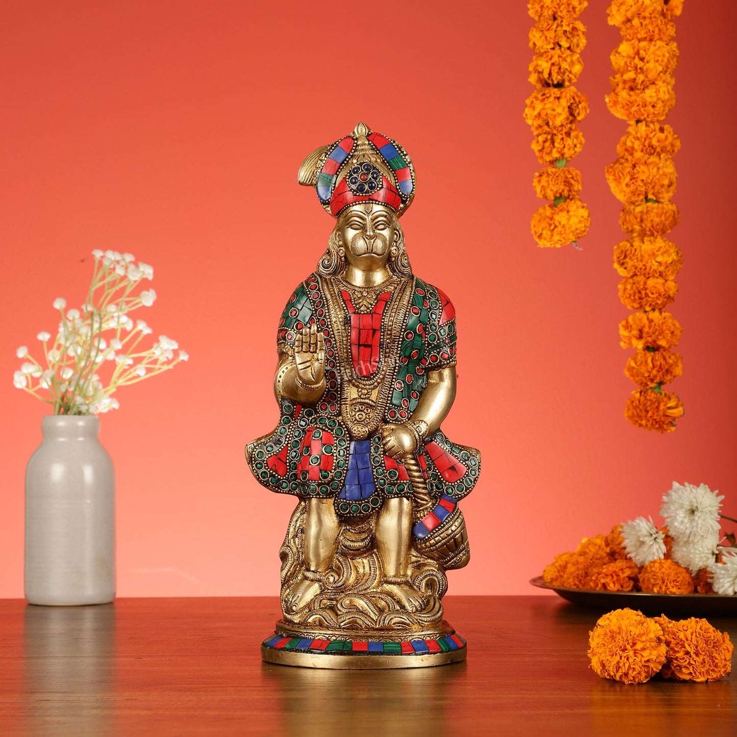 Brass Superfine Standing Hanuman Idol with Stonework - 13" - Budhshiv.com