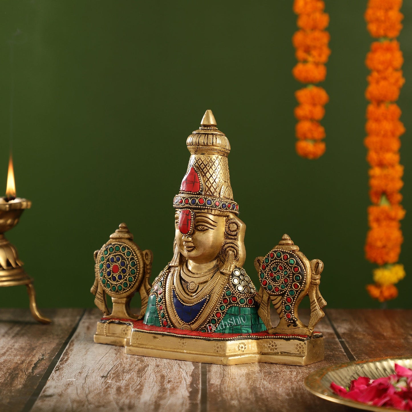 Brass Table Accent: Lord Tirupati Balaji Venkateshwara Swamy with Shankh Chakra | 8.5" Height - Budhshiv.com