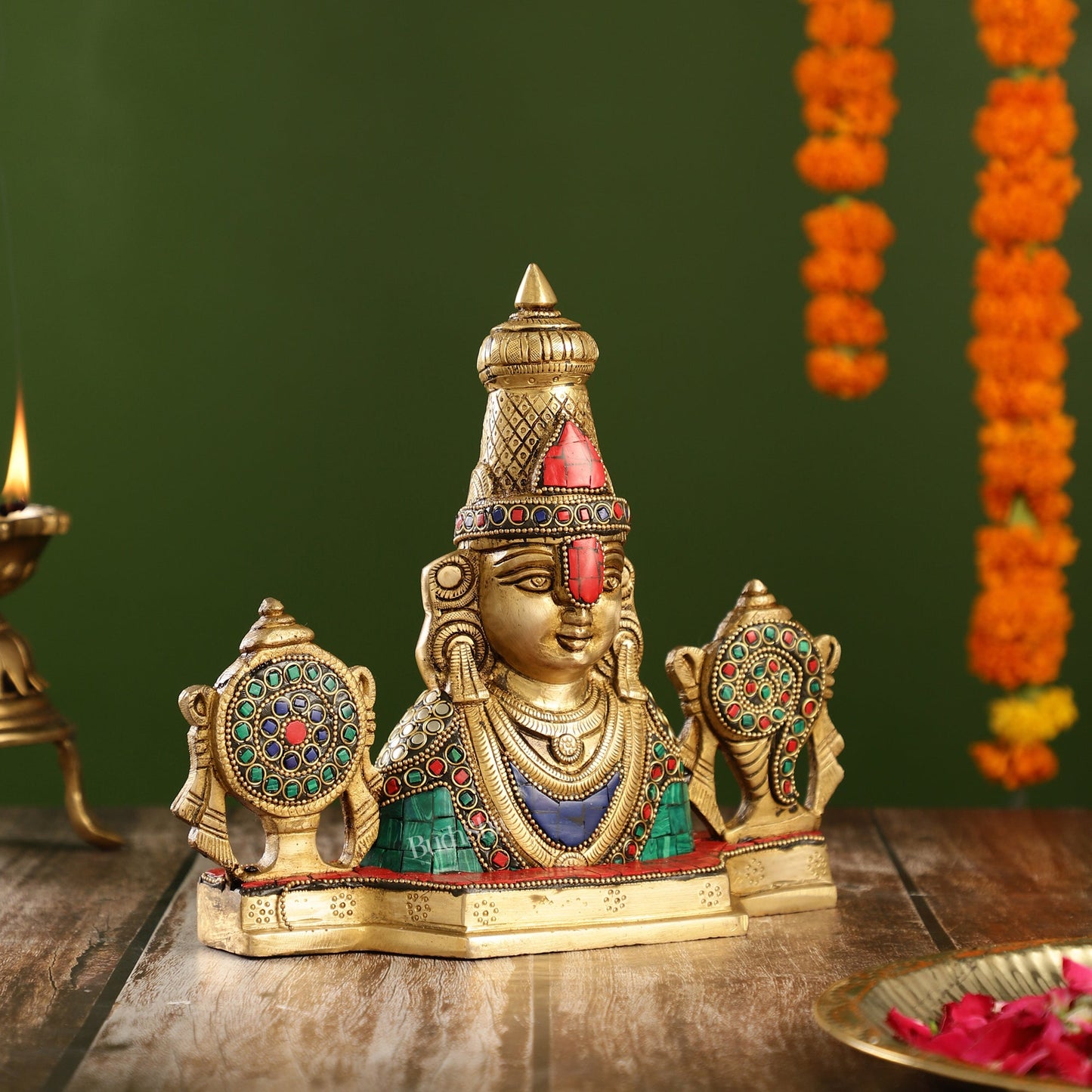 Brass Table Accent: Lord Tirupati Balaji Venkateshwara Swamy with Shankh Chakra | 8.5" Height - Budhshiv.com