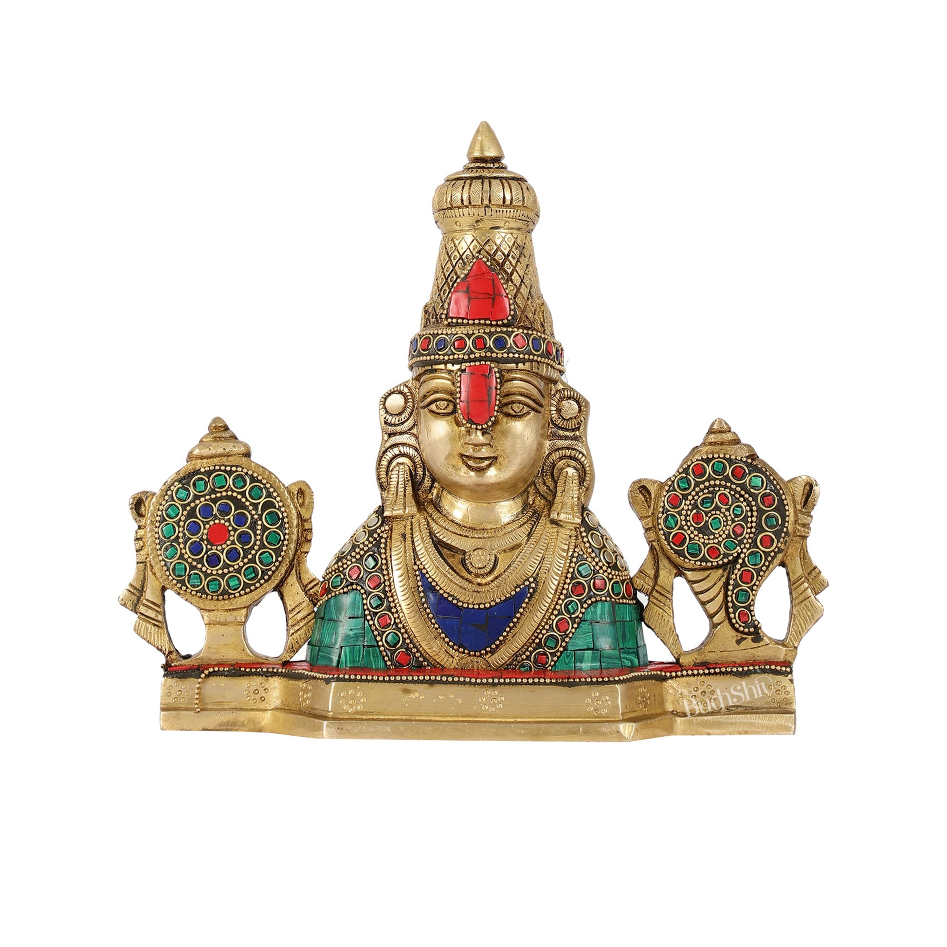 Brass Table Accent: Lord Tirupati Balaji Venkateshwara Swamy with Shankh Chakra | 8.5" Height - Budhshiv.com