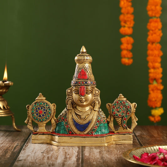 Brass Table Accent: Lord Tirupati Balaji Venkateshwara Swamy with Shankh Chakra | 8.5" Height - Budhshiv.com