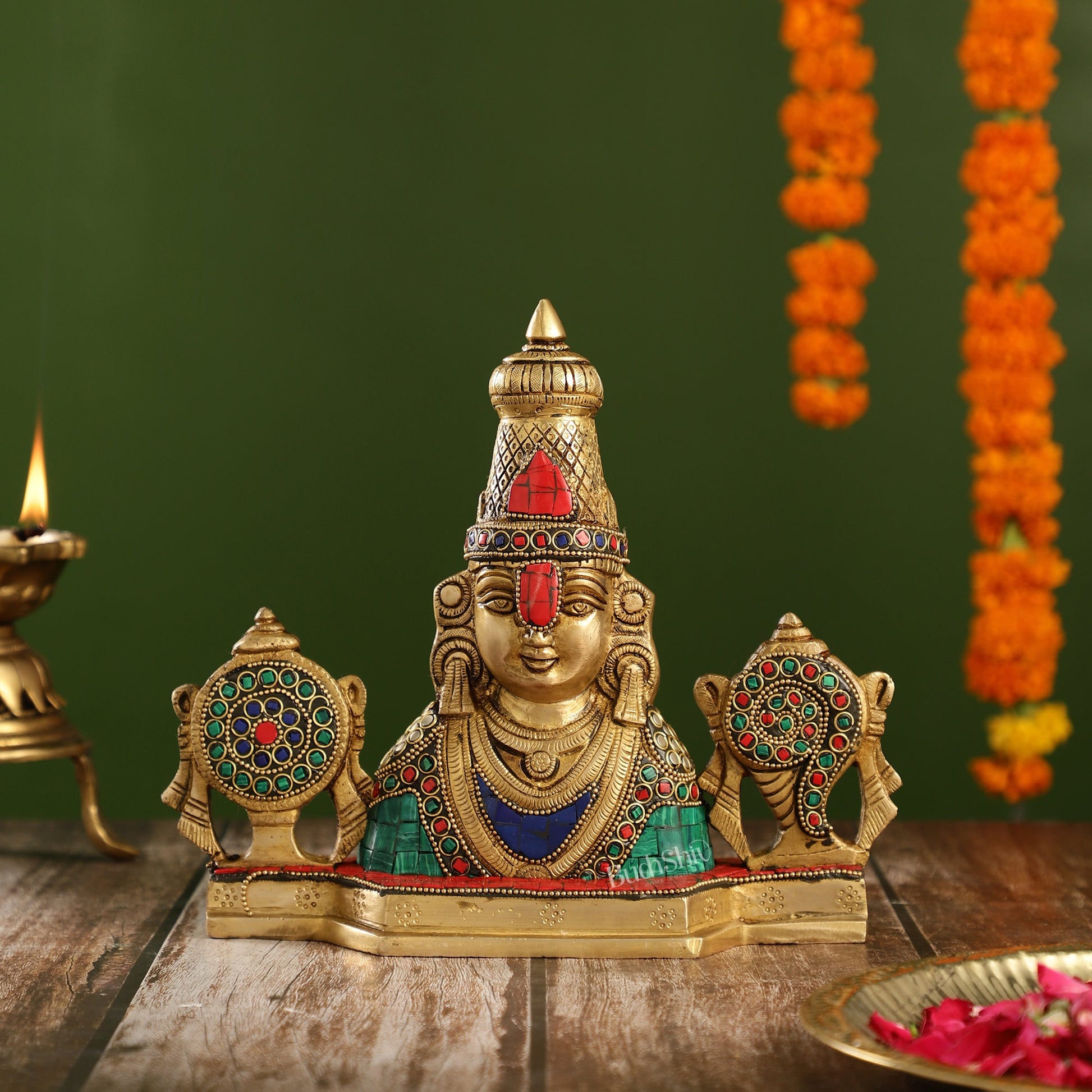 Brass Table Accent: Lord Tirupati Balaji Venkateshwara Swamy with Shankh Chakra | 8.5" Height - Budhshiv.com