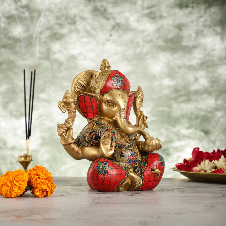 Brass Taj Ganesha Idol with Sharp Features - 8 Inch - Budhshiv.com