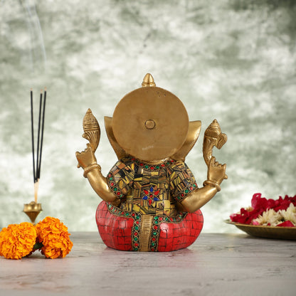 Brass Taj Ganesha Idol with Sharp Features - 8 Inch - Budhshiv.com