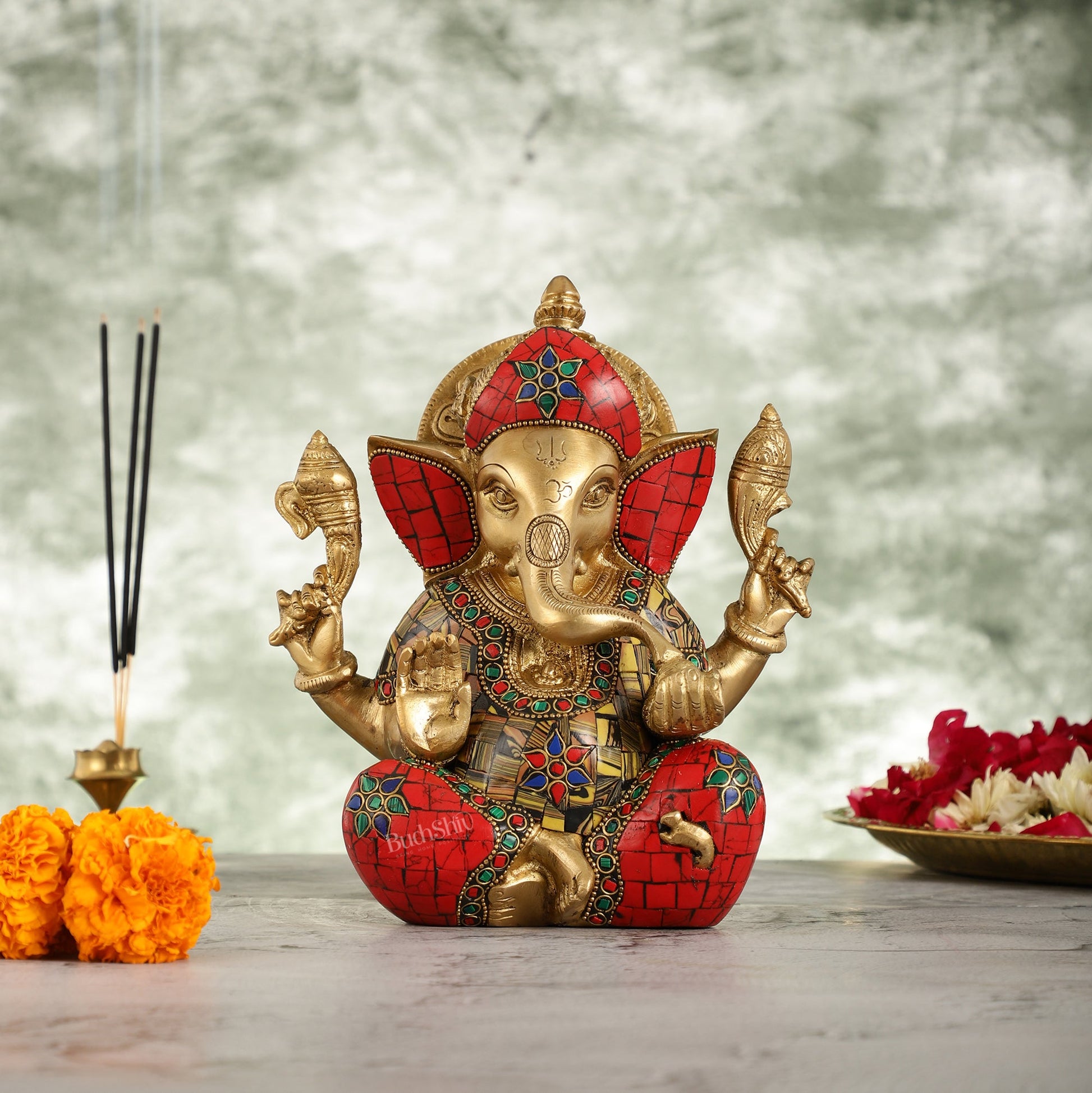 Brass Taj Ganesha Idol with Sharp Features - 8 Inch - Budhshiv.com