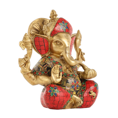 Brass Taj Ganesha Idol with Sharp Features - 8 Inch - Budhshiv.com