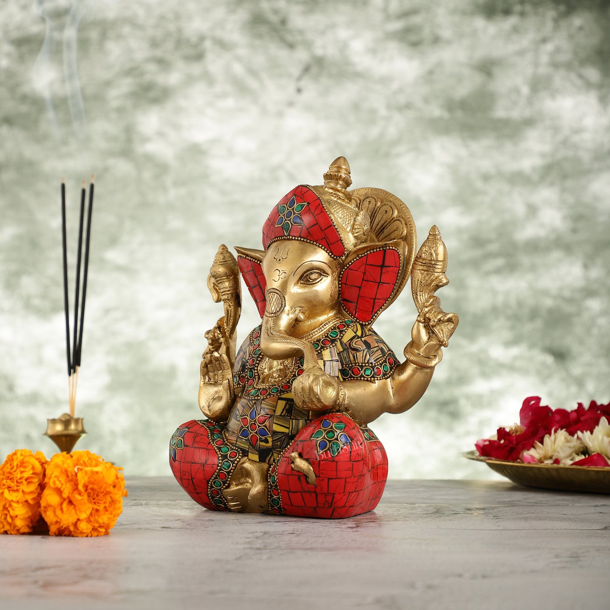 Brass Taj Ganesha Idol with Sharp Features - 8 Inch - Budhshiv.com