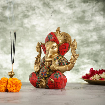 Brass Taj Ganesha Idol with Sharp Features - 8 Inch - Budhshiv.com