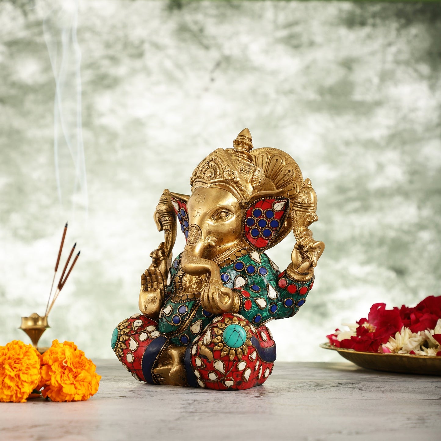 Brass Taj Ganesha Idol with Sharp Features - 8 Inch - Budhshiv.com