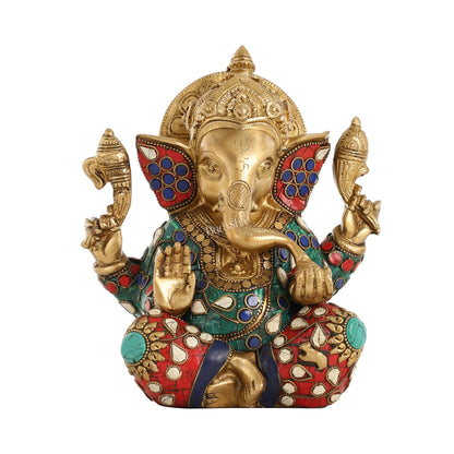 Brass Taj Ganesha Idol with Sharp Features - 8 Inch - Budhshiv.com