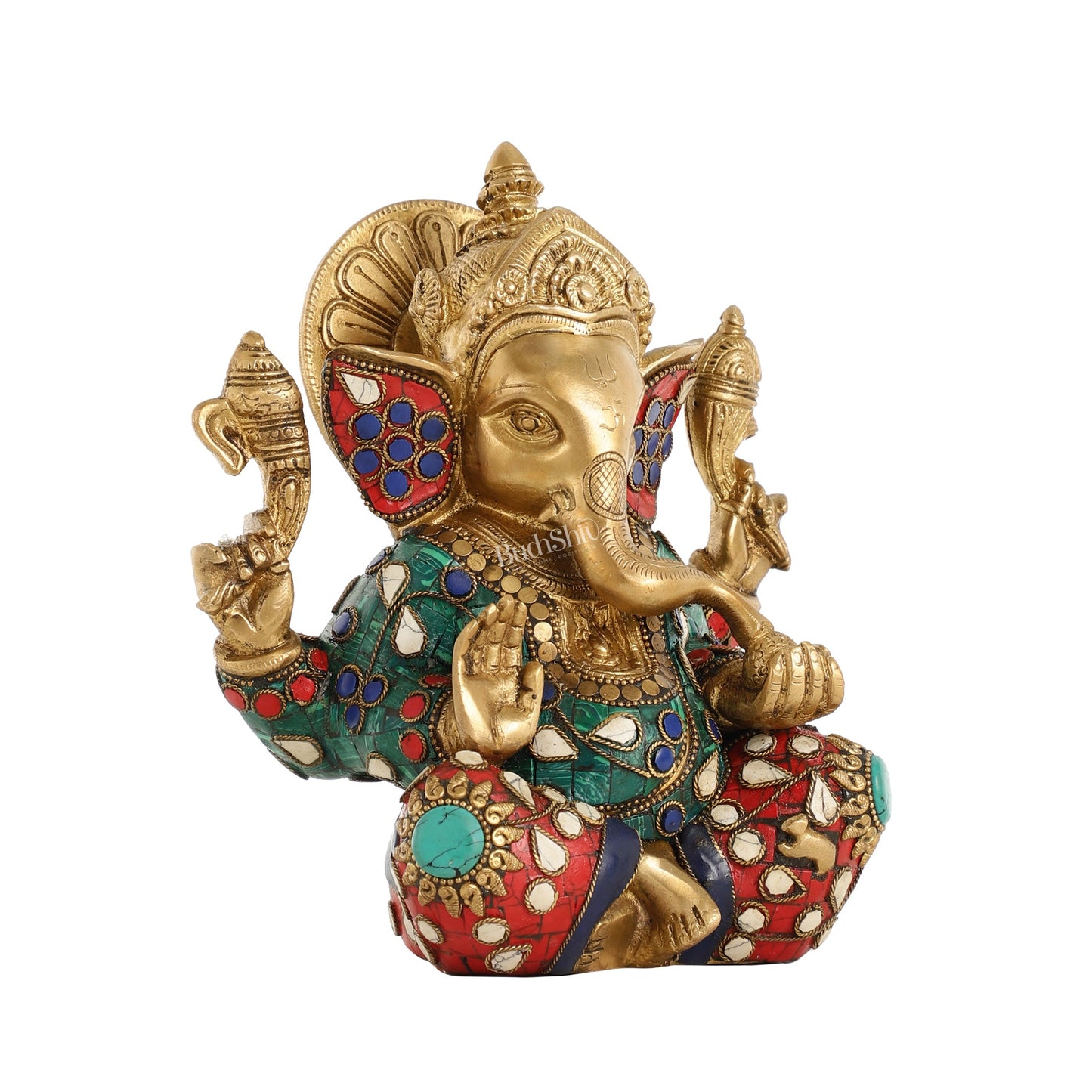 Brass Taj Ganesha Idol with Sharp Features - 8 Inch - Budhshiv.com