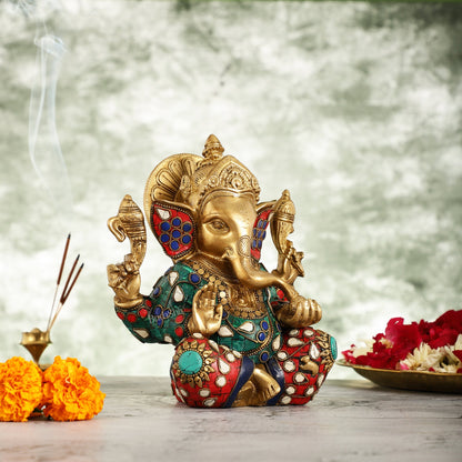 Brass Taj Ganesha Idol with Sharp Features - 8 Inch - Budhshiv.com