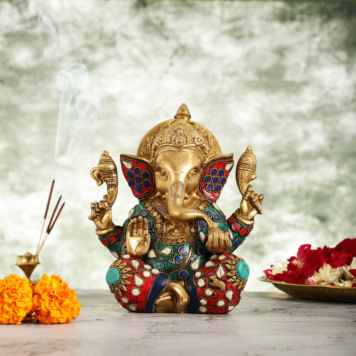 Brass Taj Ganesha Idol with Sharp Features - 8 Inch - Budhshiv.com