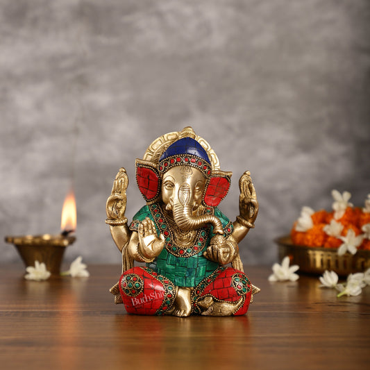 Brass Taj Ganesha Idol with Stonework | Height 7 inch - Budhshiv.com