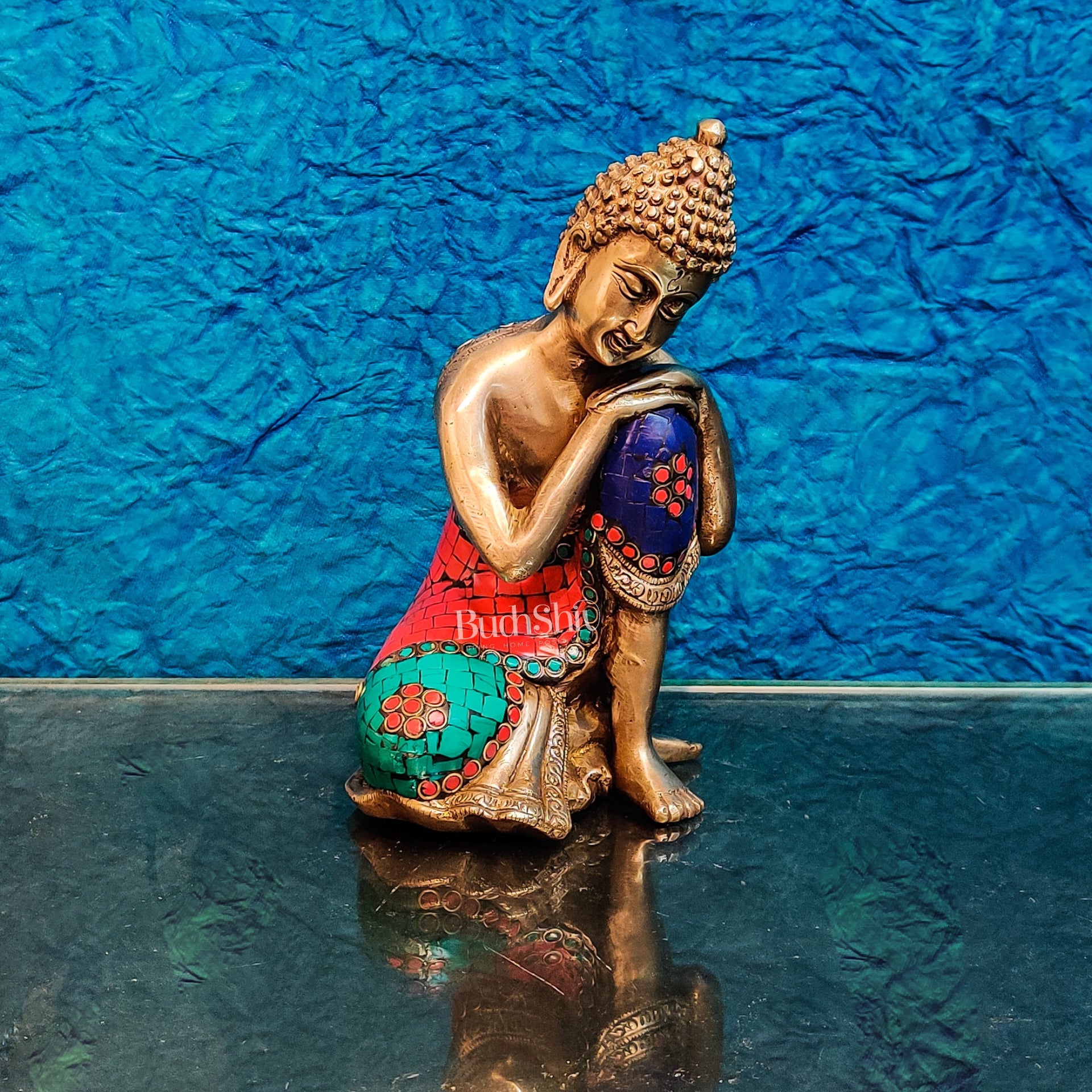 Brass Thinking buddha idol 8" - Budhshiv.com