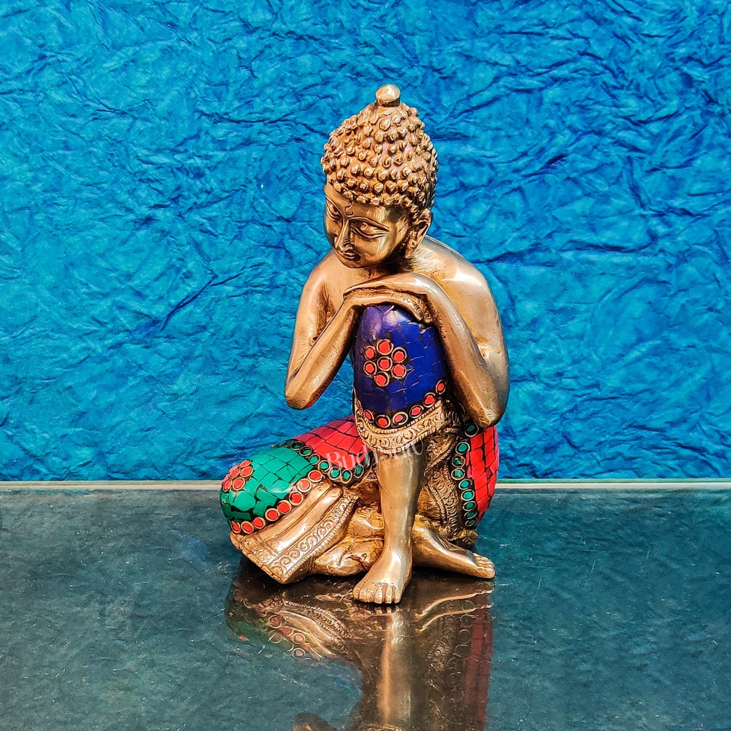 Brass Thinking buddha idol 8" - Budhshiv.com