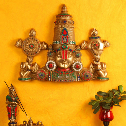Brass Tirupati Balaji Face Wall Hanging with stonework - Budhshiv.com