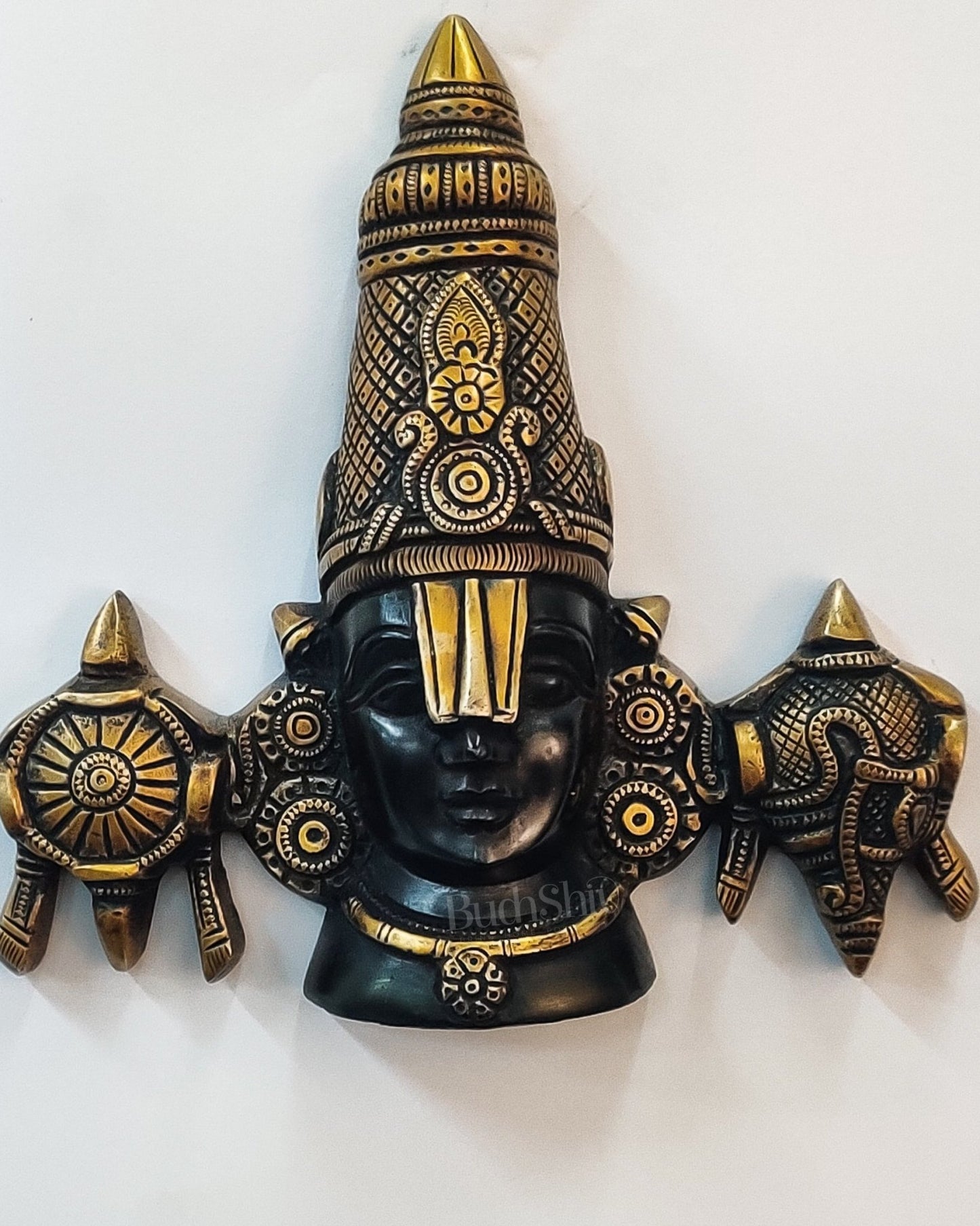 Brass Tirupati Balaji face with shankh and chakra wall hanging 7 " - Budhshiv.com