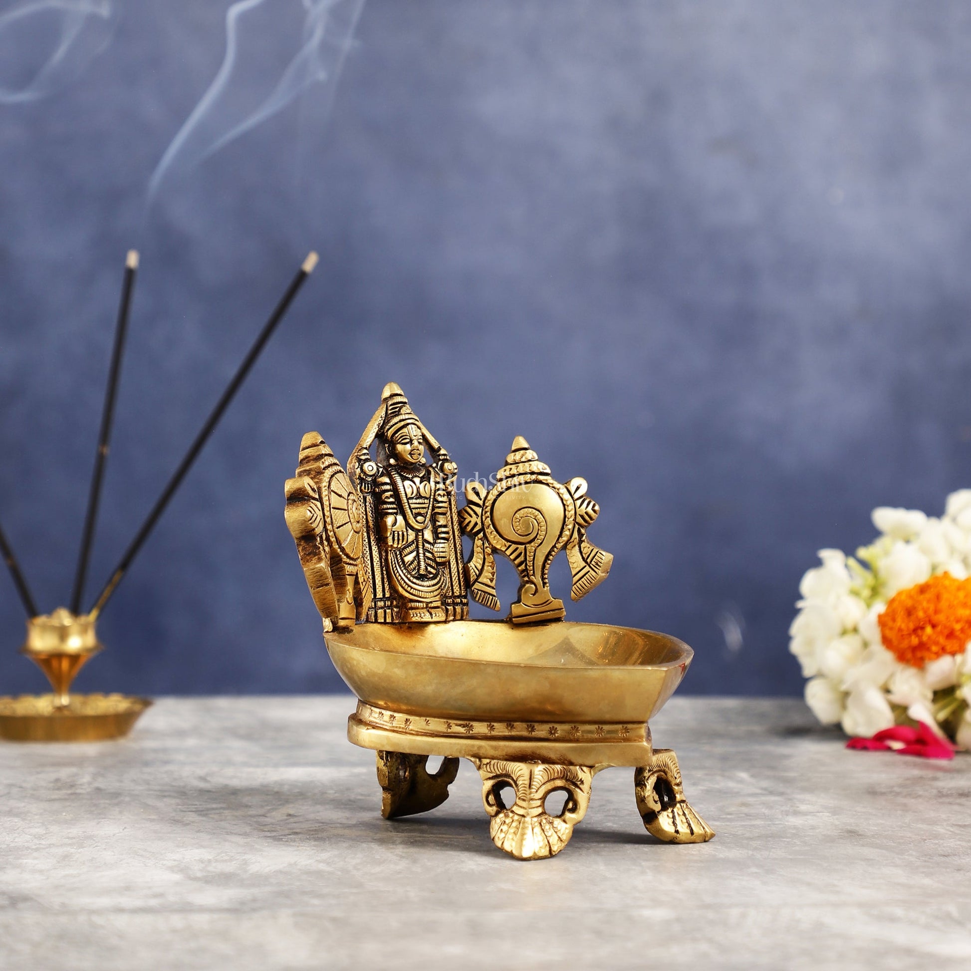 Brass Tirupati Balaji Shankh Chakra Lamp 5" - Budhshiv.com
