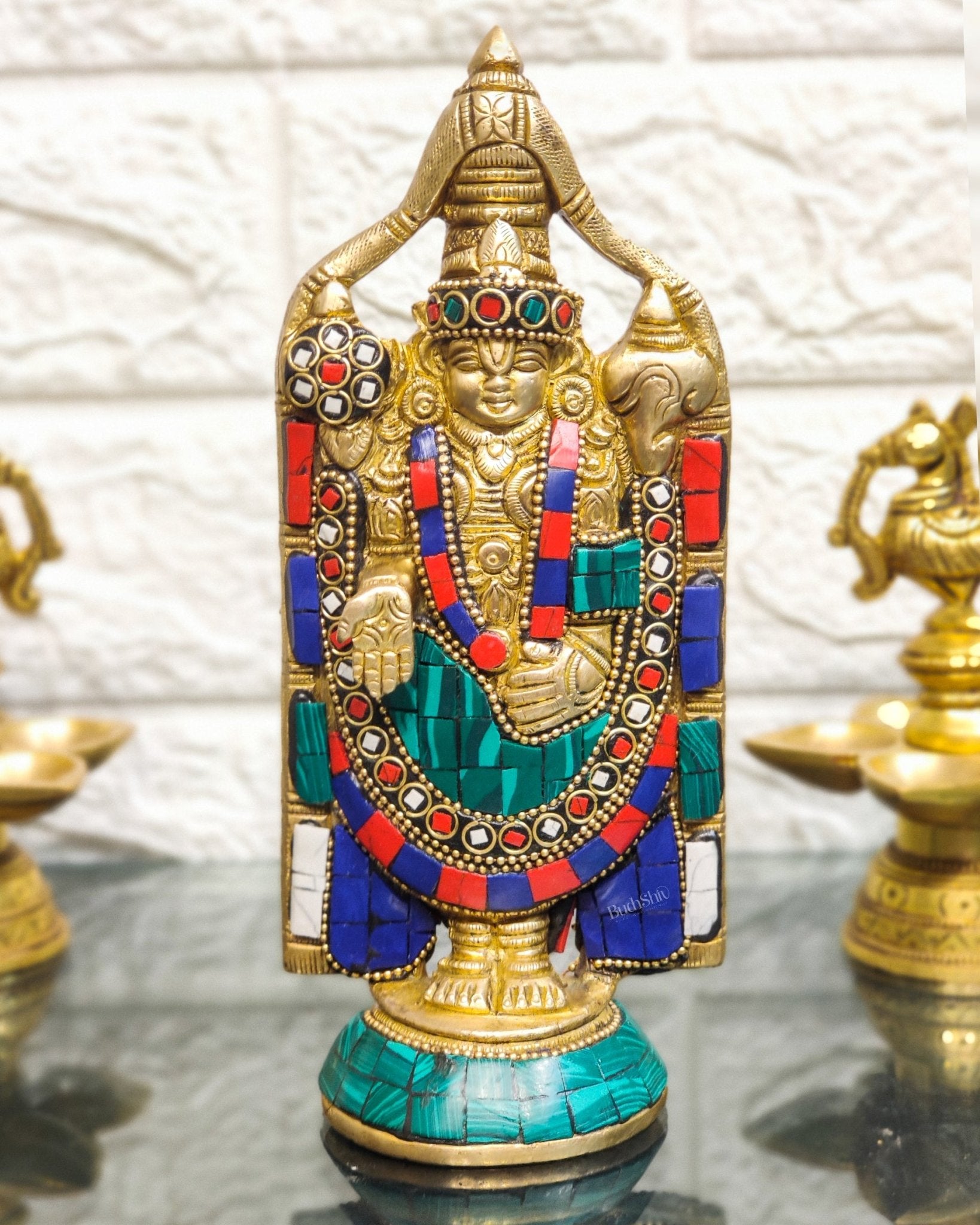 Brass tirupati Balaji statue 8" with stonework - Budhshiv.com