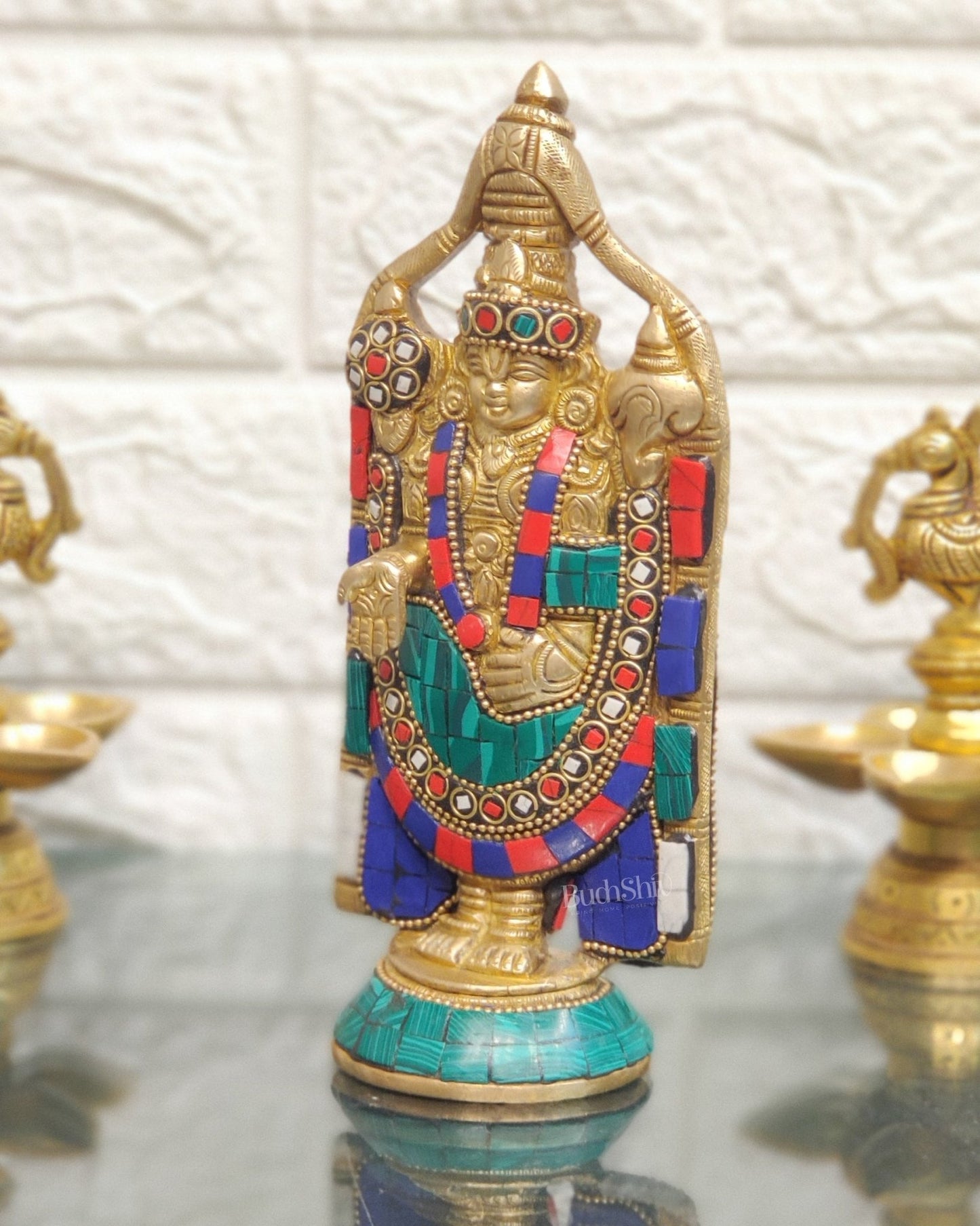 Brass tirupati Balaji statue 8" with stonework - Budhshiv.com