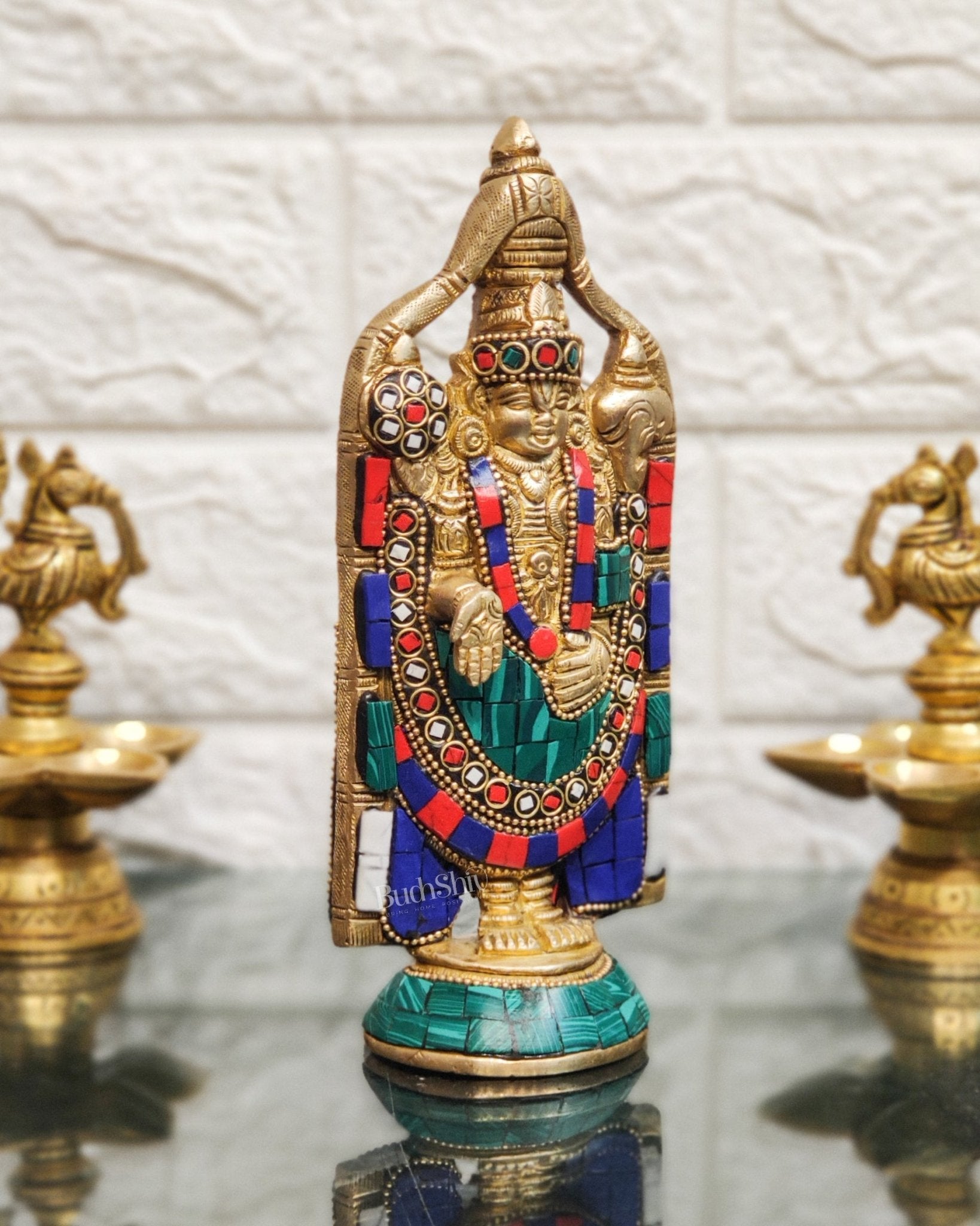 Brass tirupati Balaji statue 8" with stonework - Budhshiv.com