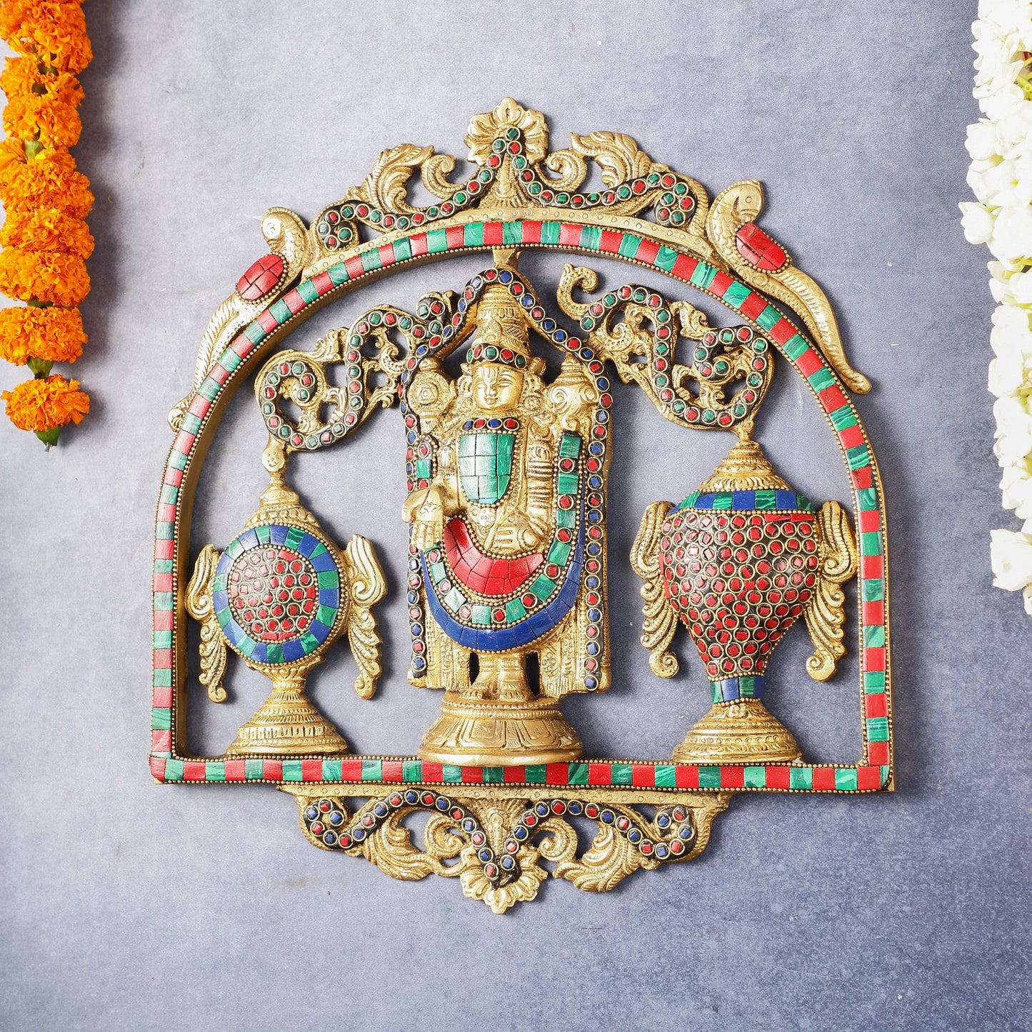 Brass Tirupati Balaji wall hanging with Shankh and Chakra 12 " stonework - Budhshiv.com