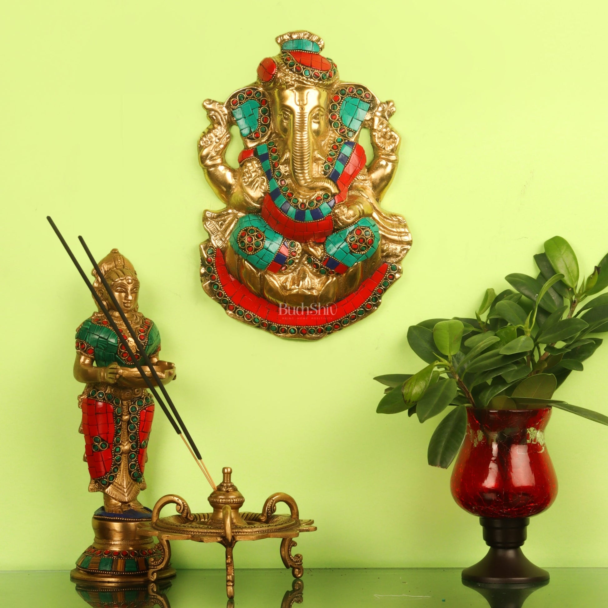 Brass turban Ganesh Wall Hanging Stonework 9" - Budhshiv.com