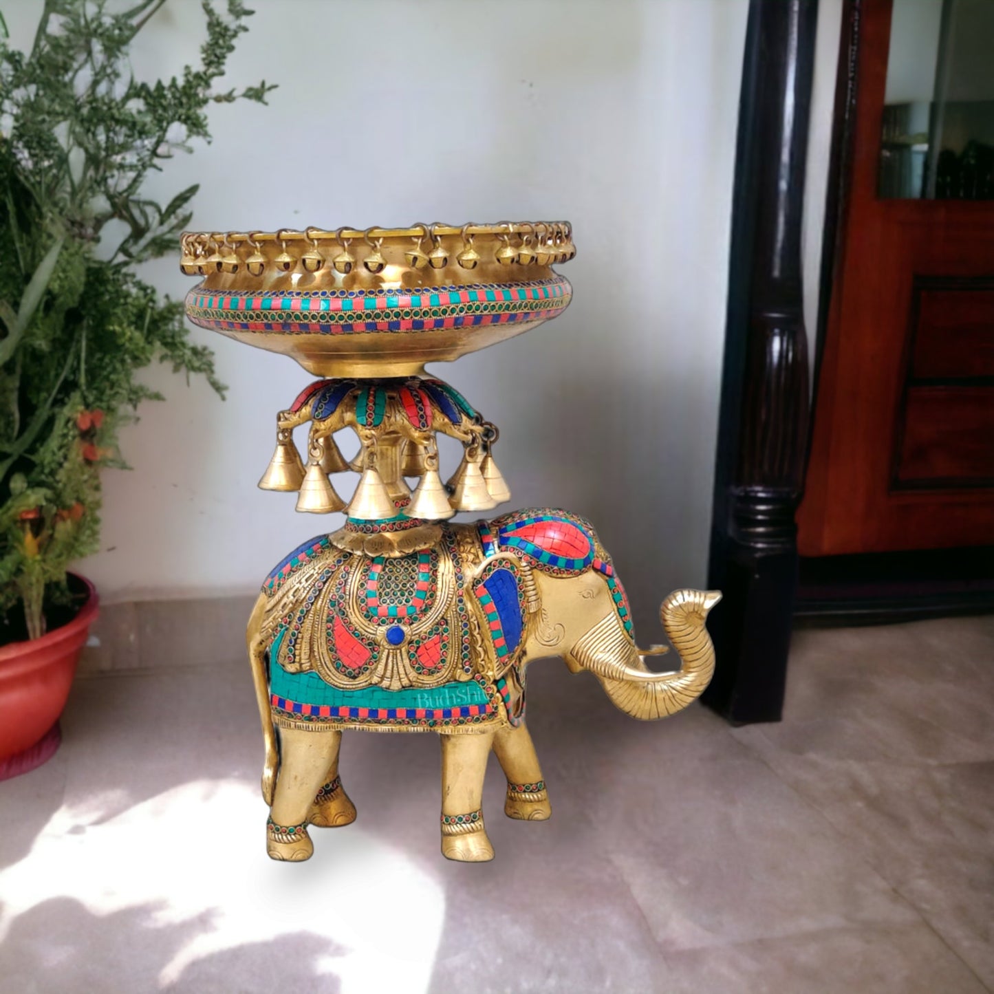 Brass Urli with Engraved Elephant | Meenakari Art | Decorate Your Home with Elegance - Budhshiv.com