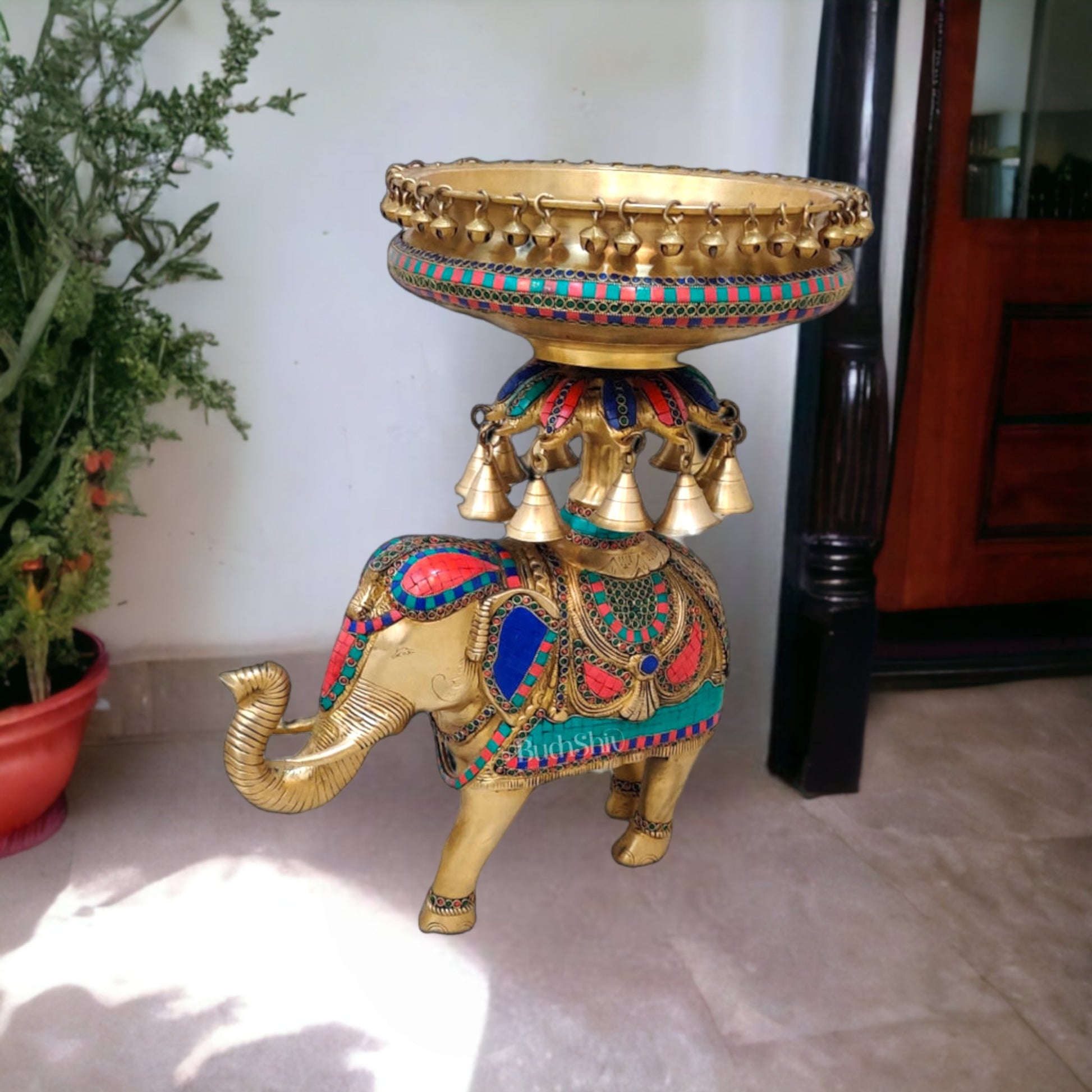 Brass Urli with Engraved Elephant | Meenakari Art | Decorate Your Home with Elegance - Budhshiv.com