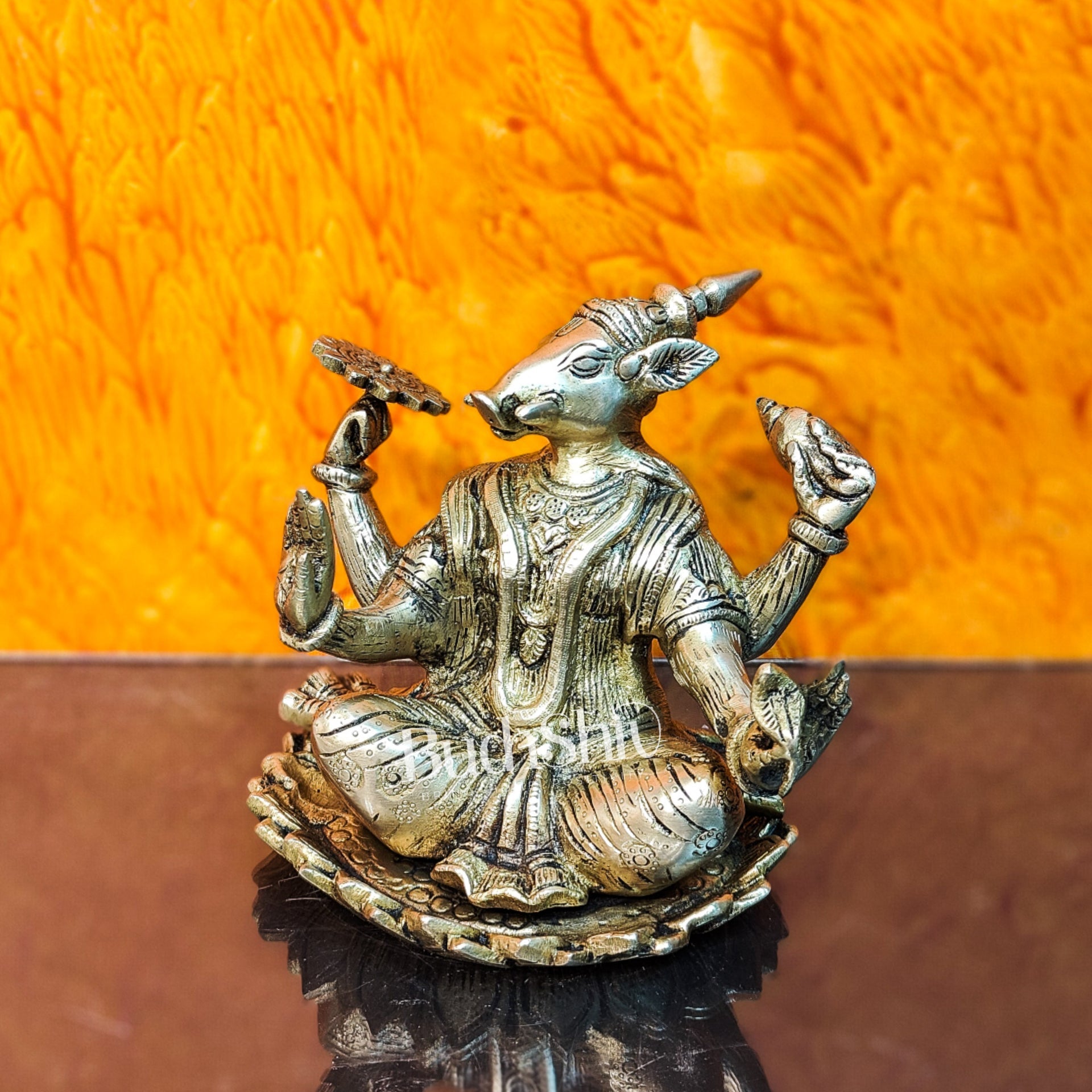 Brass Varaha seated on lotus 6" - Budhshiv.com