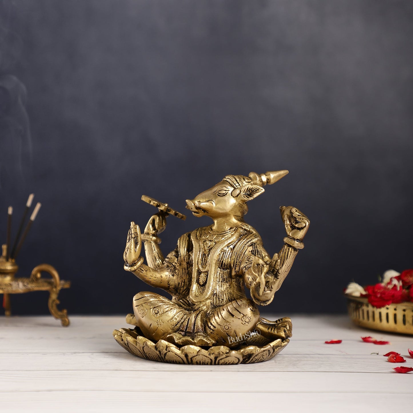 Brass Varaha seated on lotus 6" - Budhshiv.com