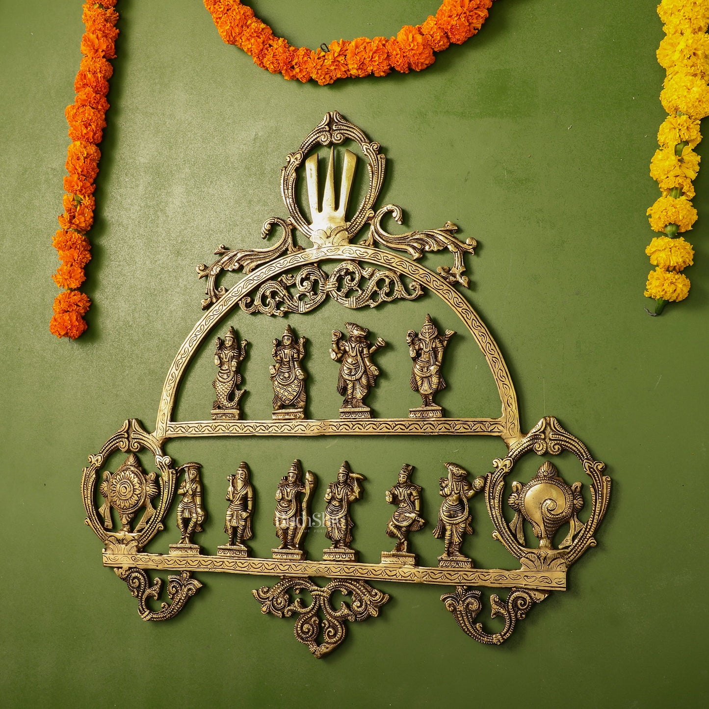 Brass Vishnu Dashavatar with Shankh Chakra and Namah Wall Hanging 20" - Budhshiv.com