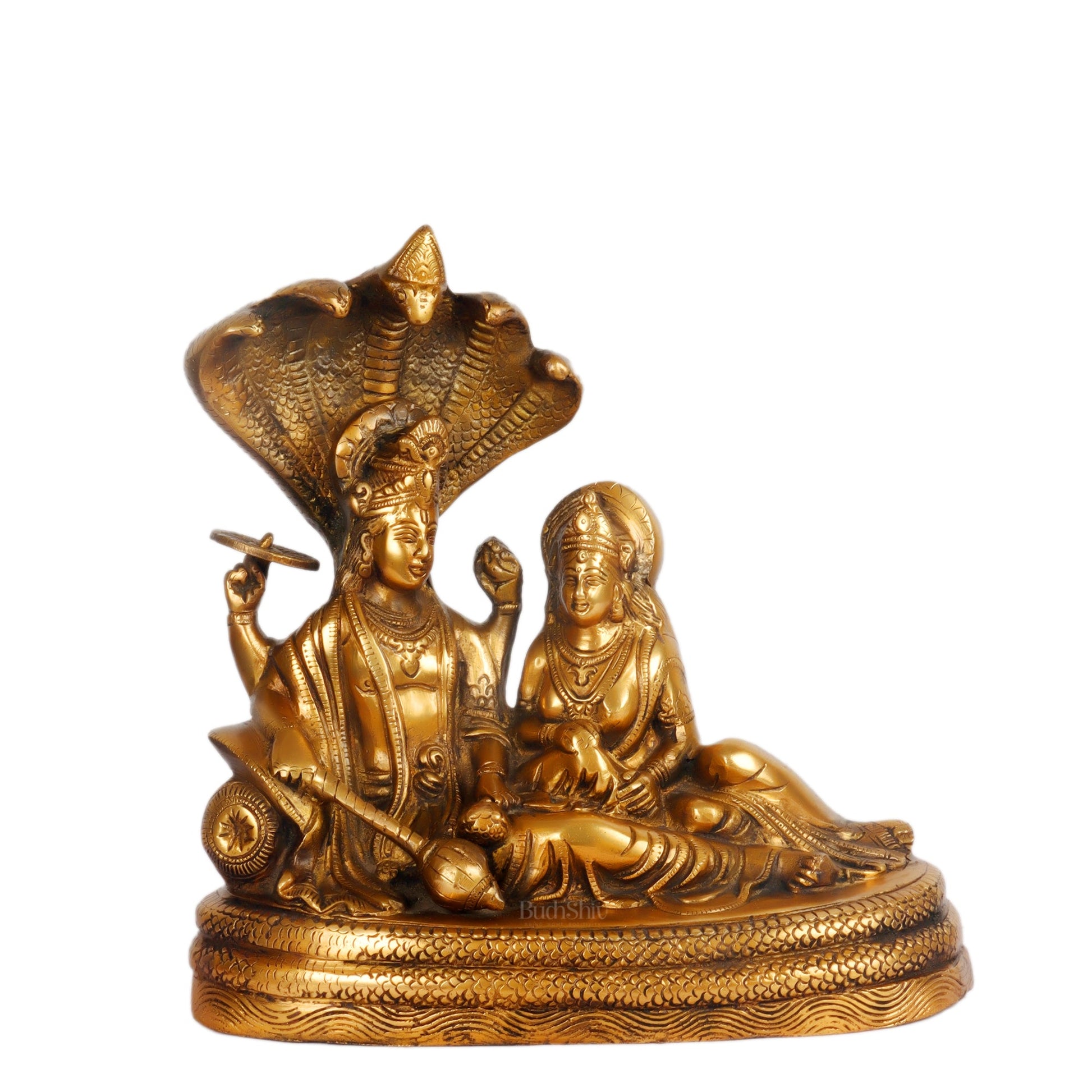 Brass Vishnu lakshmi/ Lakshmi Narayan resting Sheshanaag Statue 10" - Budhshiv.com