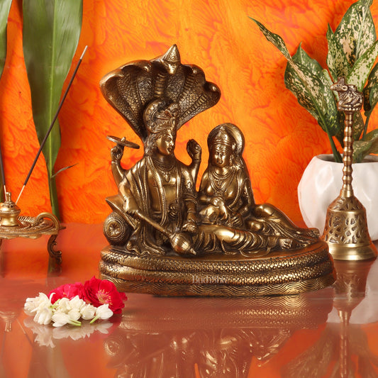 Brass Vishnu lakshmi/ Lakshmi Narayan resting Sheshanaag Statue 10" - Budhshiv.com