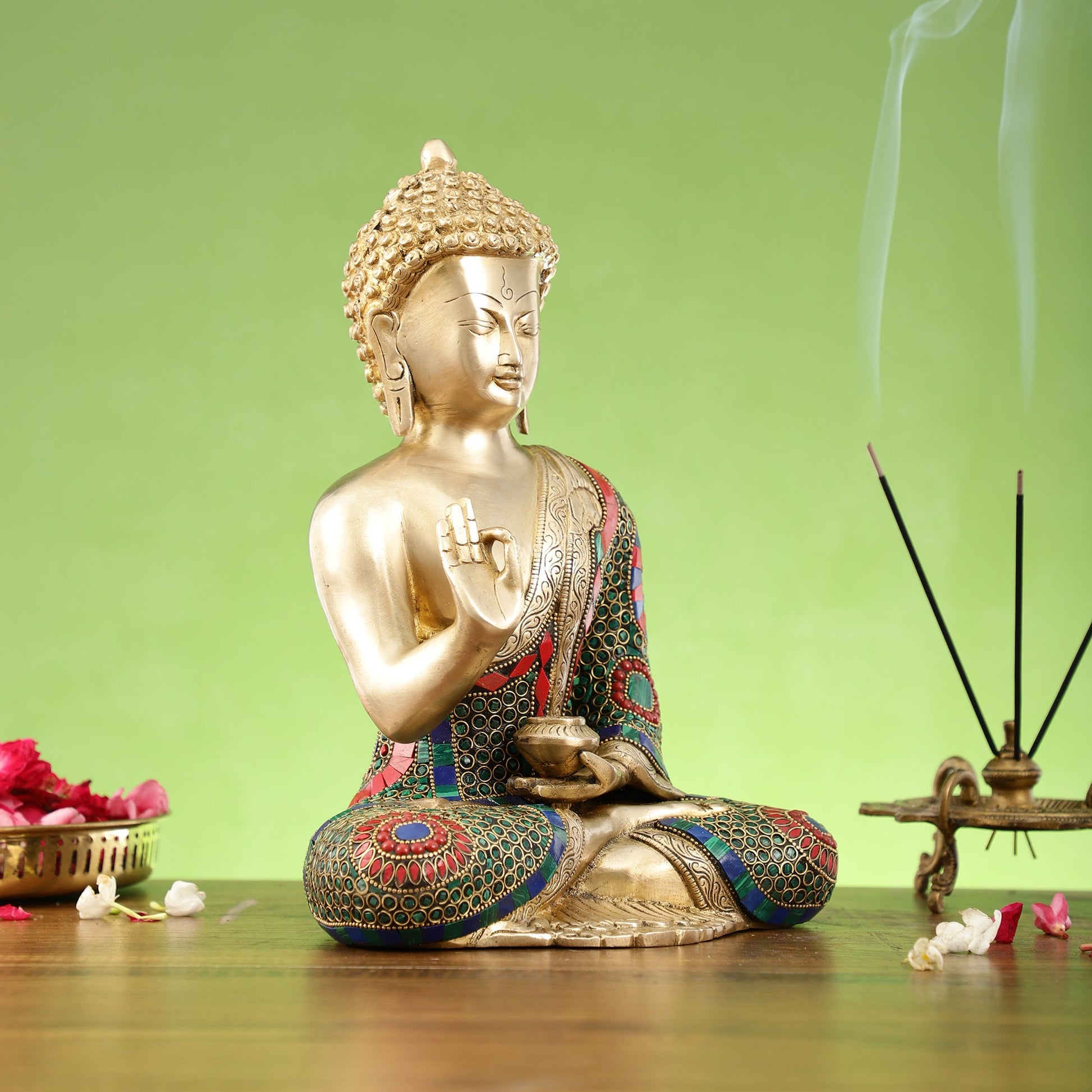 Buddha Aashirwaad Brass Idol with Meenakari Stonework | 12 inch - Budhshiv.com