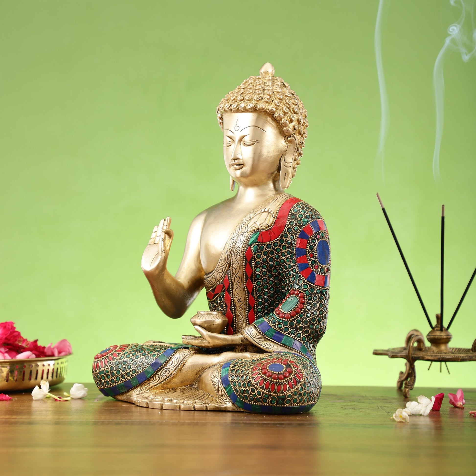 Buddha Aashirwaad Brass Idol with Meenakari Stonework | 12 inch - Budhshiv.com