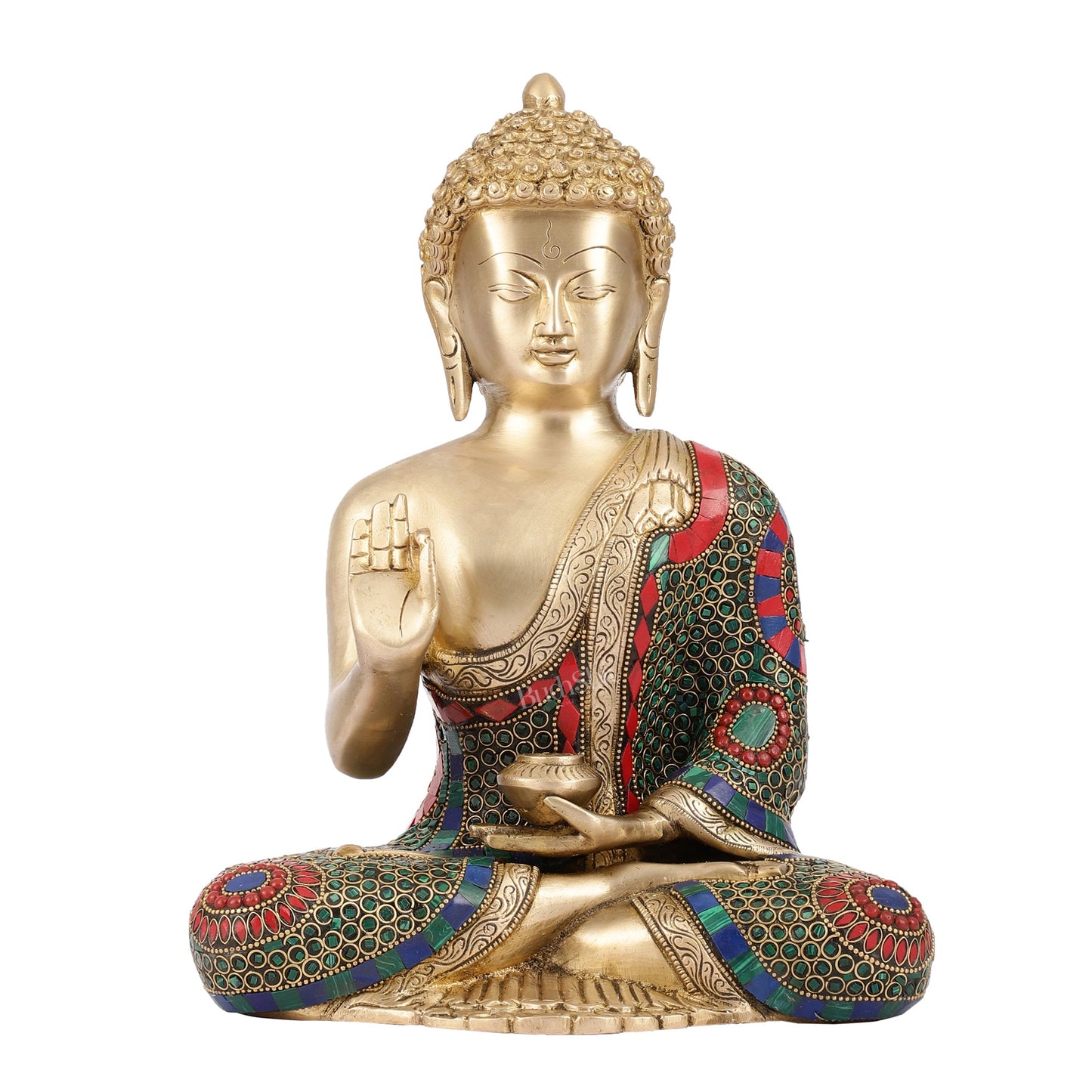 Buddha Aashirwaad Brass Idol with Meenakari Stonework | 12 inch - Budhshiv.com