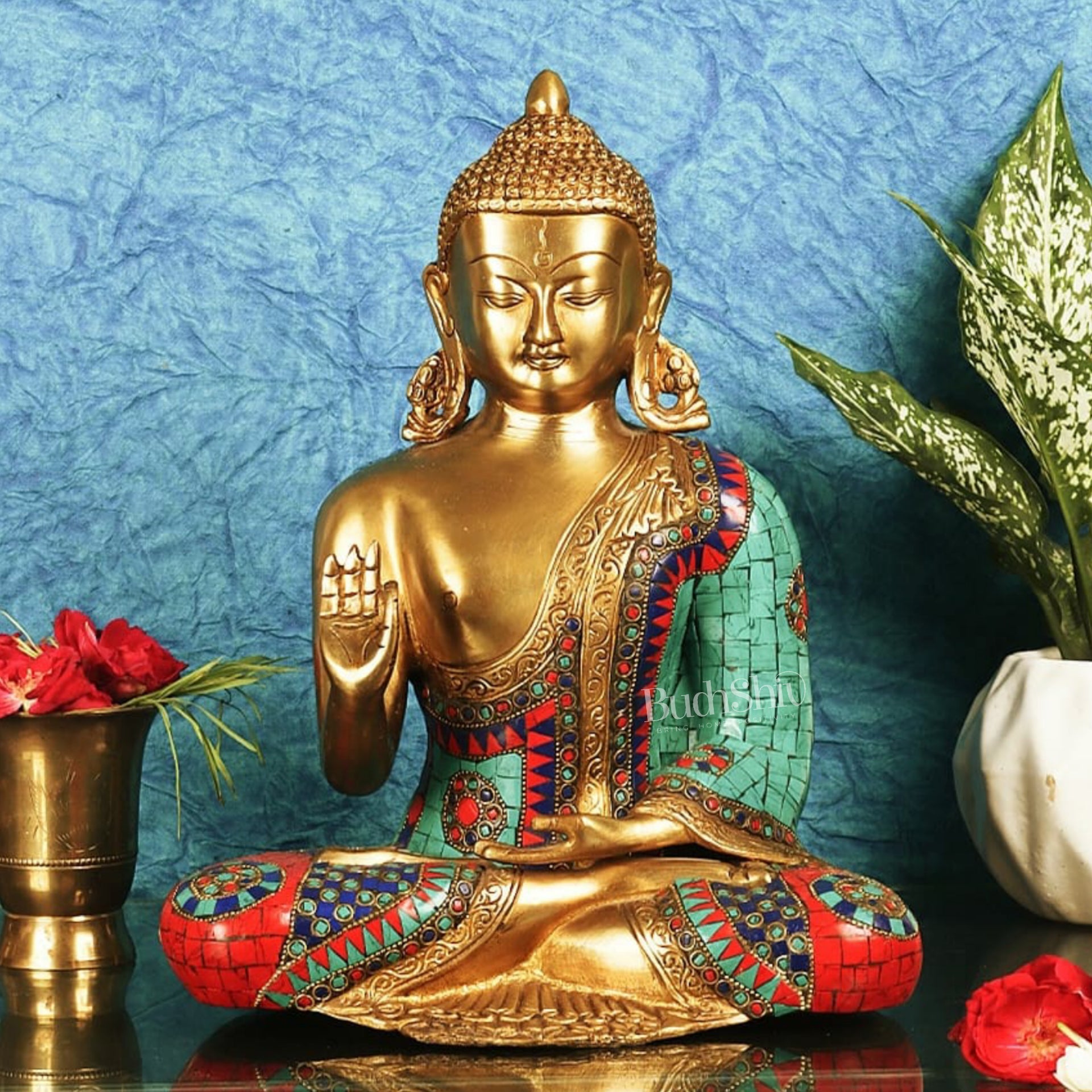 Buddha Aashirwaad Brass Idol with Meenakari Stonework 12 inches - Budhshiv.com