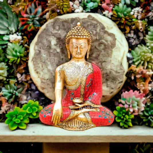 Buddha Aashirwaad Brass Idol with Meenakari Stonework | 12" x 9.5" x 6" - Budhshiv.com