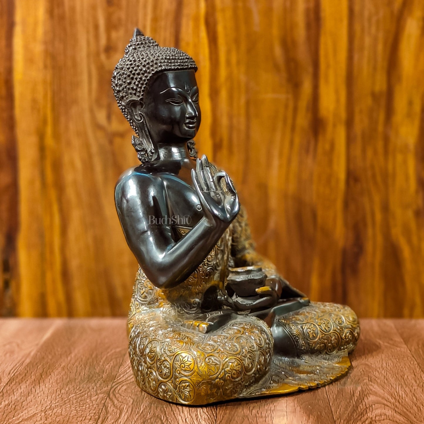 Buddha Brass Idol, Buddha Statue, Brass Buddha Aashirwad Mudra Statue, Black and Golden Finish 17 inches - Budhshiv.com